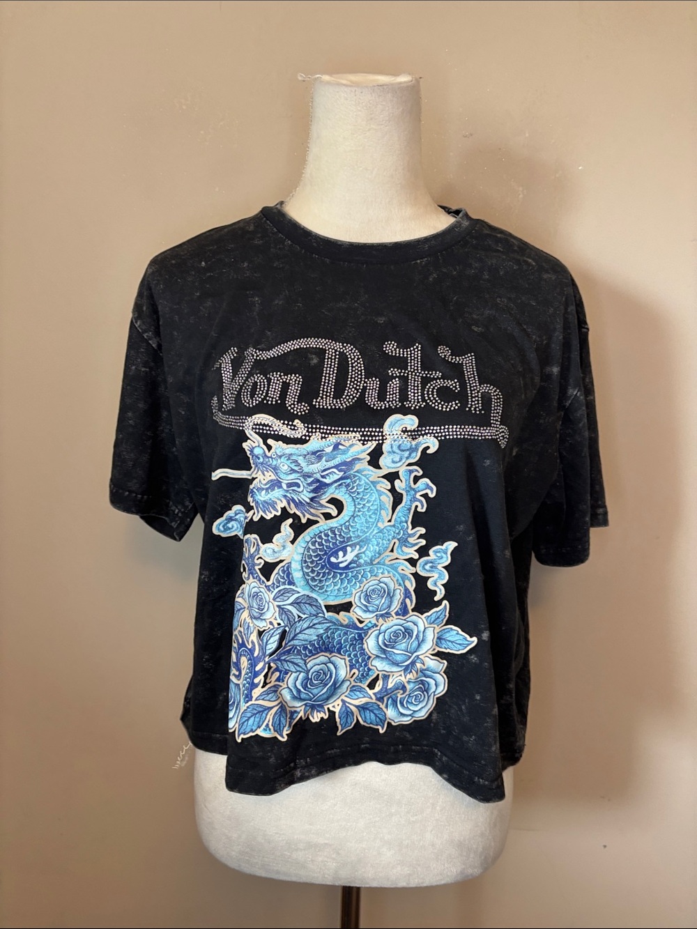 Von Dutch Dragon Rhinestone Crop Tee